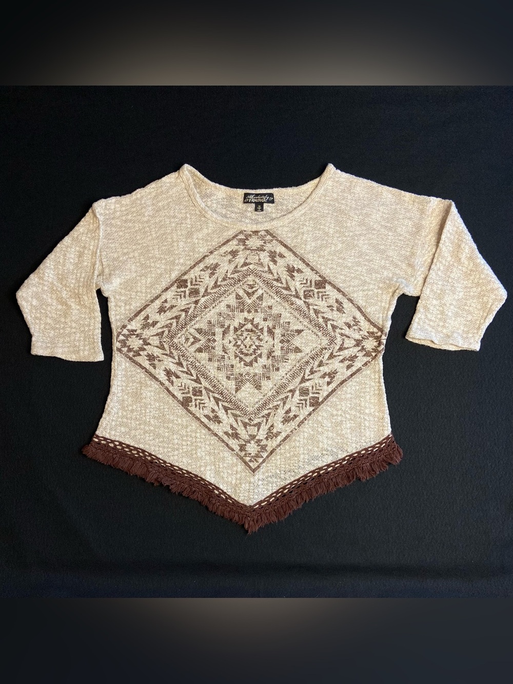 Absolutely Famous Beige Tunic with Brown Aztec Motif and Fringe - Med